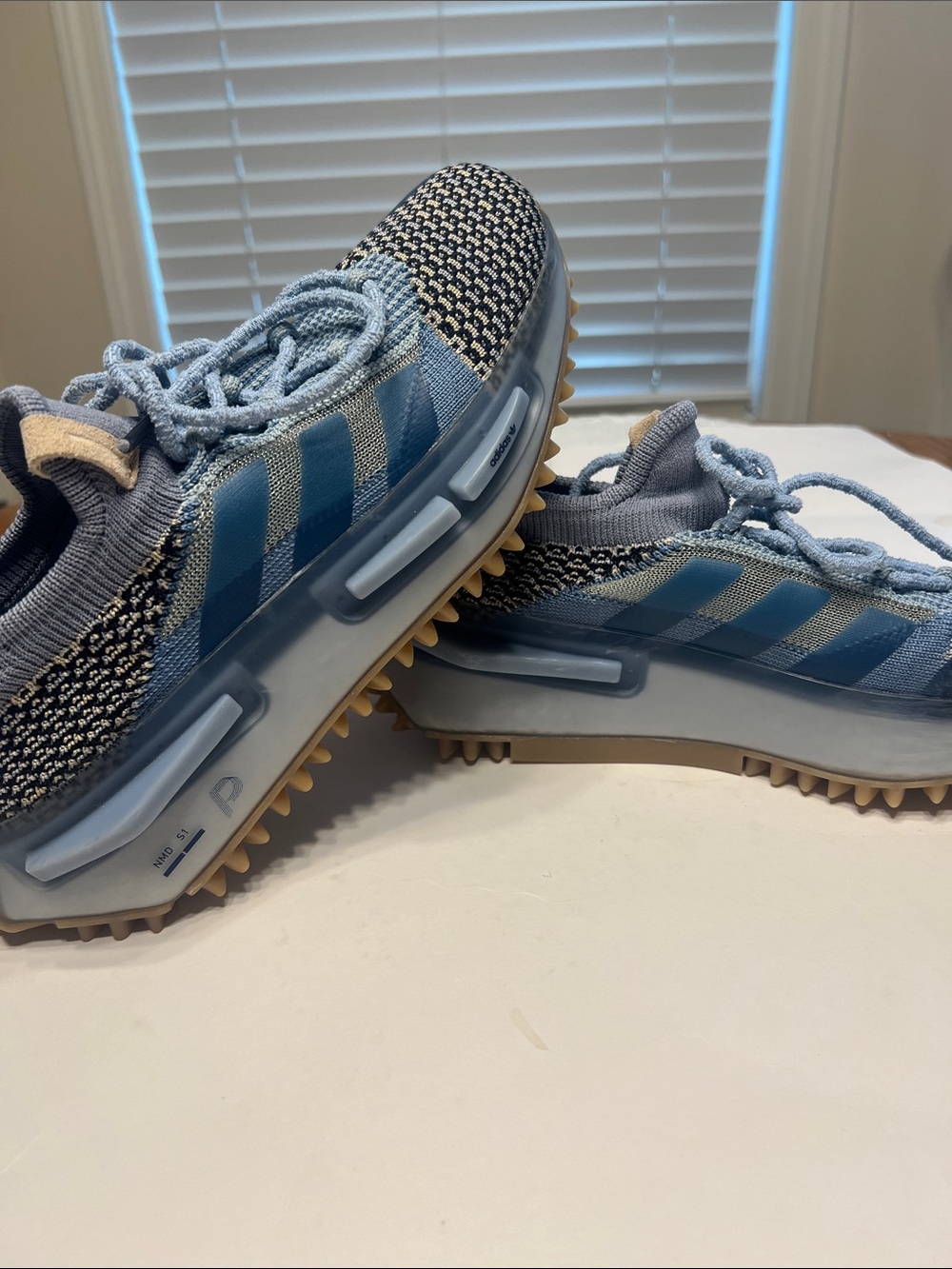 adidas Light Blue Knit Athletic Sneakers with Gum Outsole